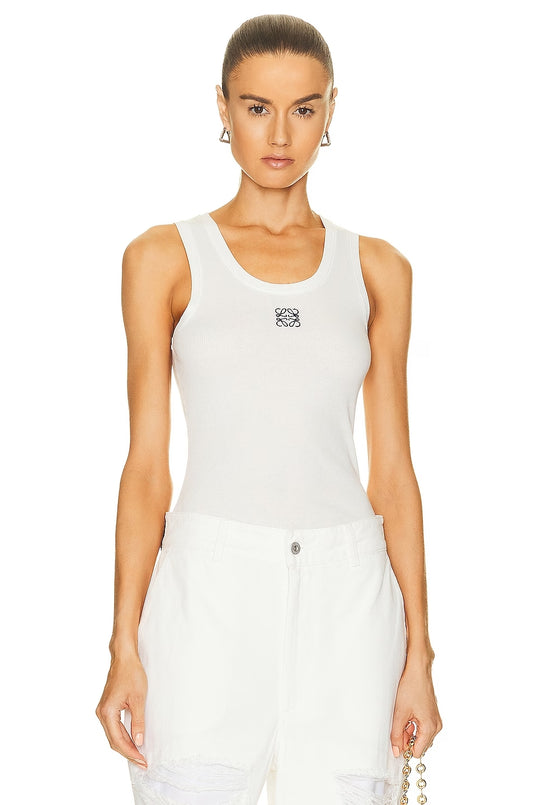 LOEWEAMS Embroidered ribbed stretch-cotton tank White